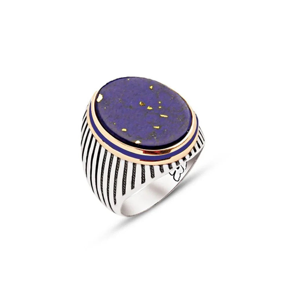 Silver Mavi̇ Stone Side Enamel Decorated Striped Case Men's Ring