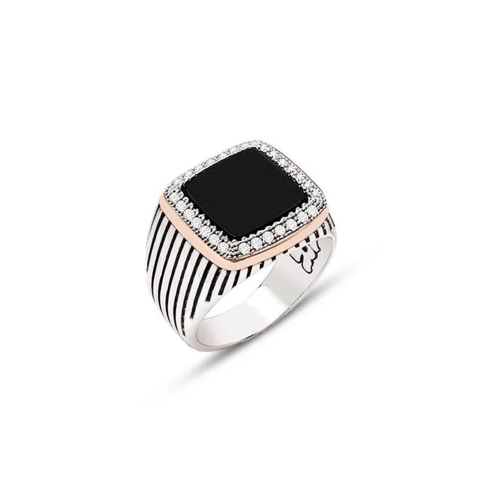 Silver Onyx Stone Side White Zircon Stone Ornament Striped Case Men's Ring