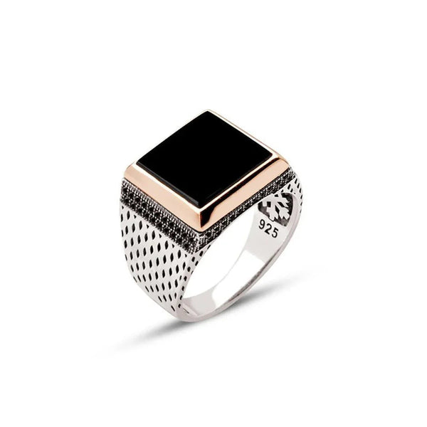 Silver Onyx Stone Side Zircon Embellished Square Model Men's Men's Ring