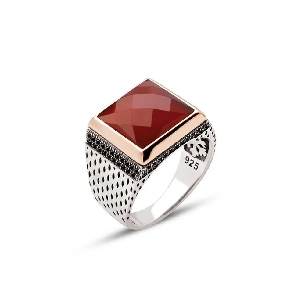 Silver Red Facet Stone Side Zircon Decorated Square Model Men's Ring