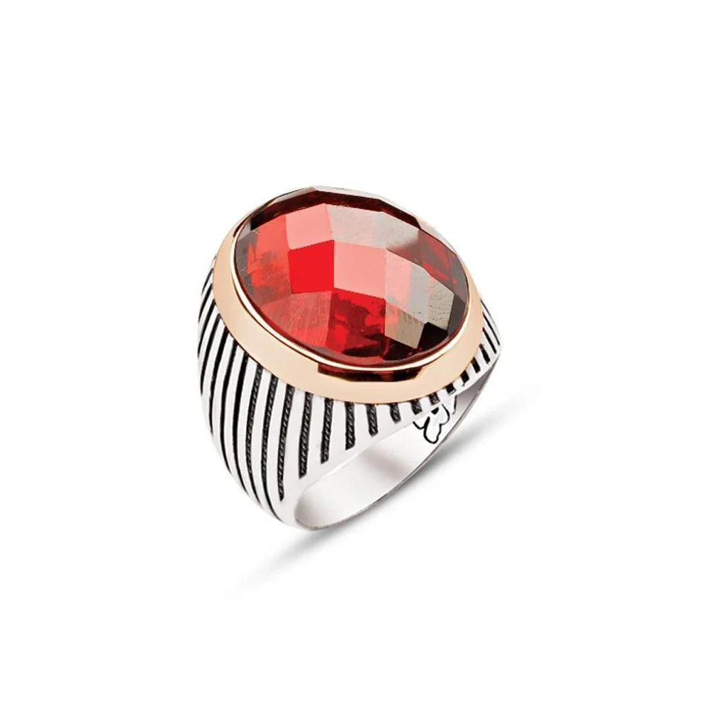 Silver Red Facet Stone Striped Case Men's Ring