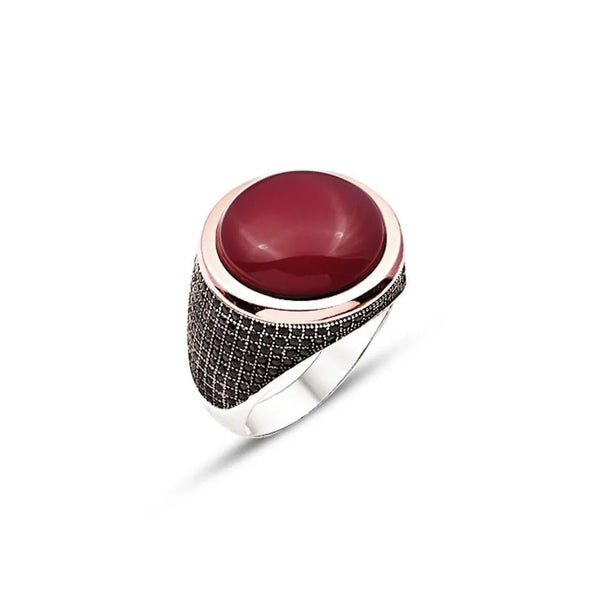 Silver Red Hood Stone Men's Ring, Decorated With Black Zircon Stone