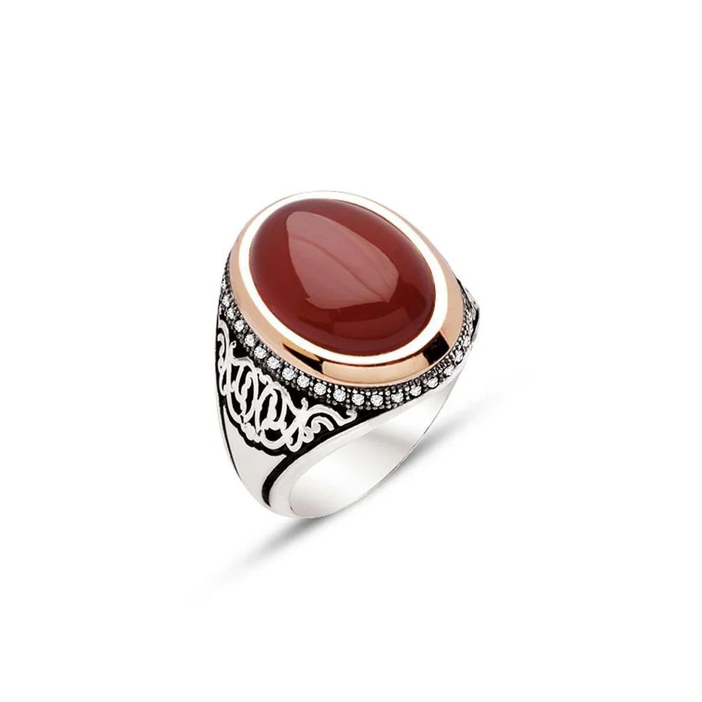 Silver Red Hood Stone Side Black Zircon Stone Men's Ring