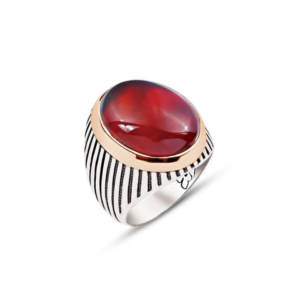 Silver Red Hood Stone Striped Case Men's Ring