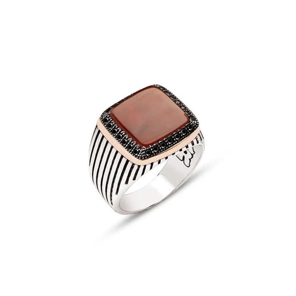 Silver Red Stone Side Black Zircon Stone Ornament Striped Case Men's Ring