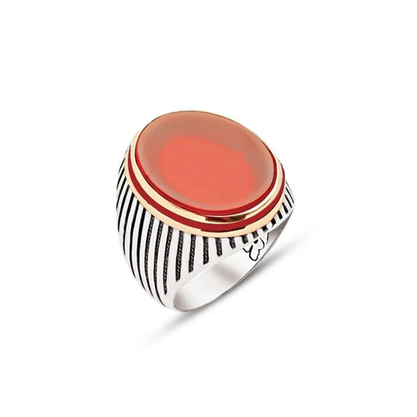 Silver Red Stone Side Enamel Decorated Striped Case Men's Ring