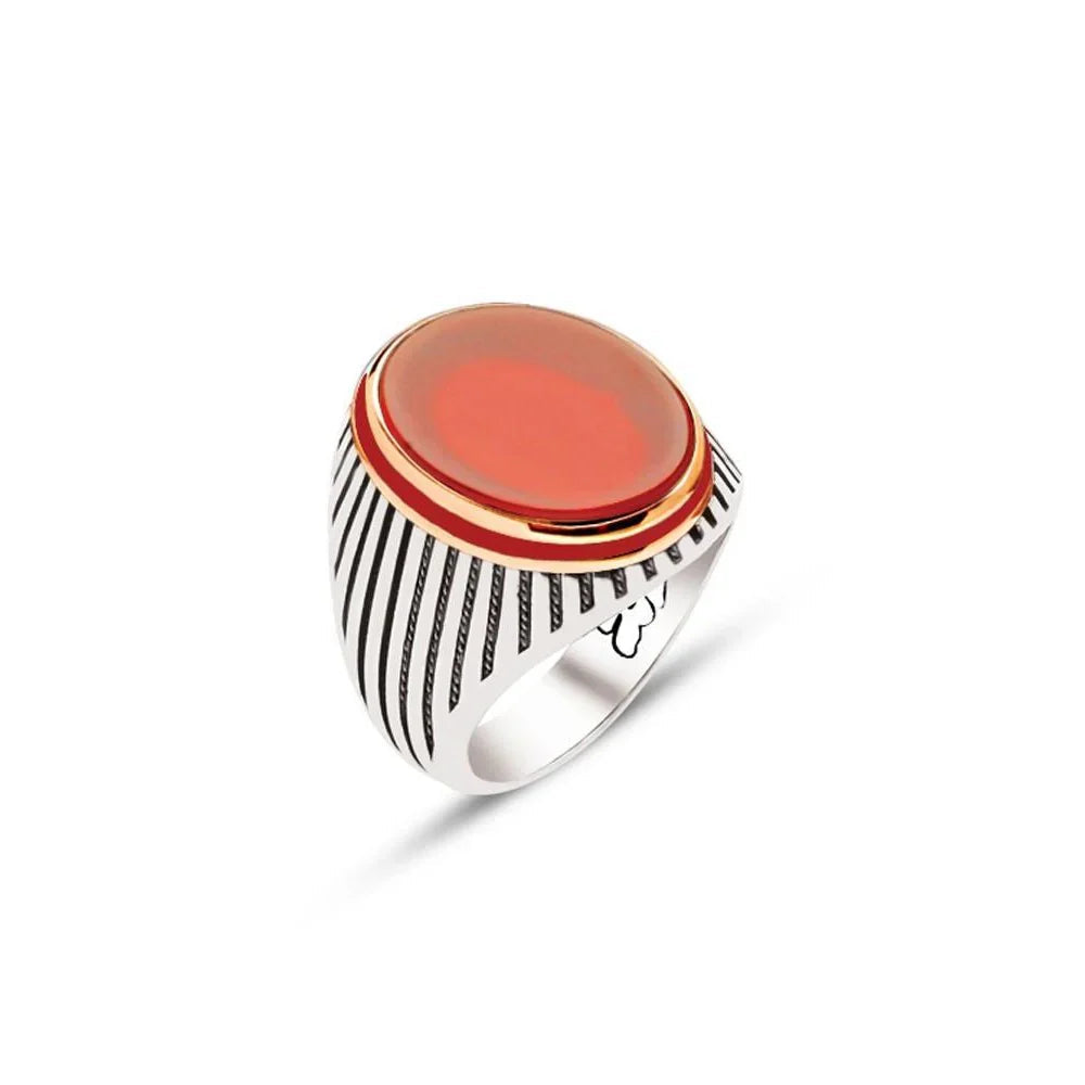 Silver Red Stone Side Enamel Men's Ring