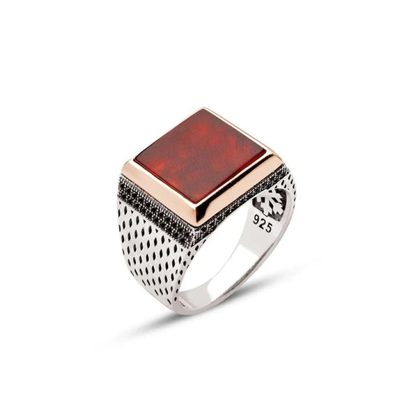 Silver Red Stone Side Zircon Embellished Square Model Men's Men's Ring