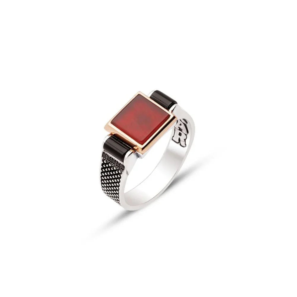 Silver Red Stone Side Zircon Stone Men's Ring