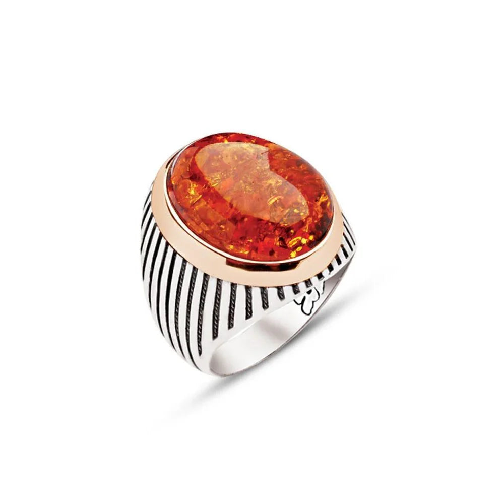 Silver Sari Stone Striped Case Men's Ring