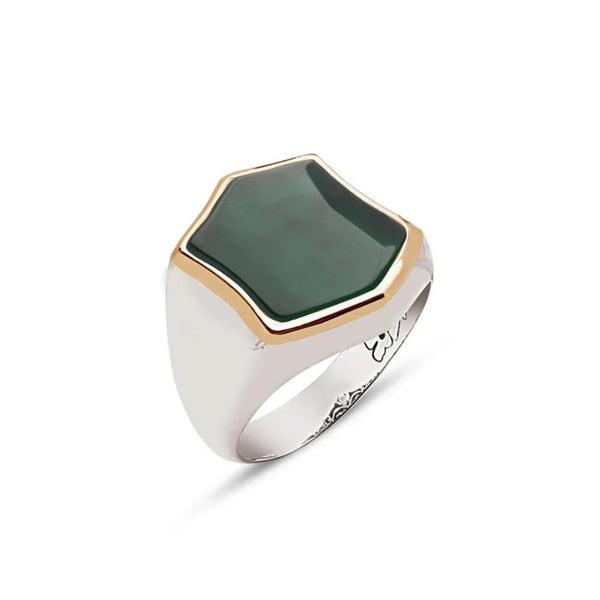 Silver Special Cut Green Red Natural Stone Men's Men's Ring