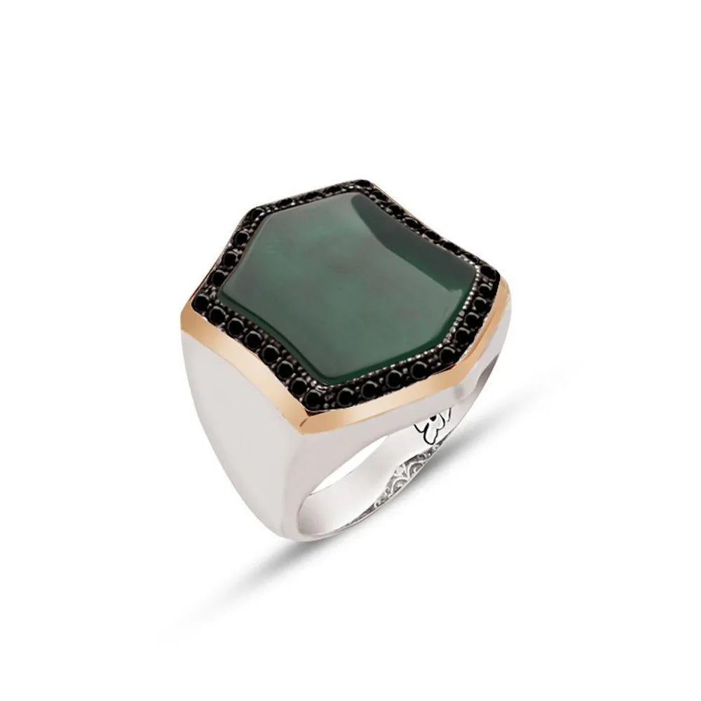 Silver Special Cut Green Red Stone Zircon Engraved Men's Ring