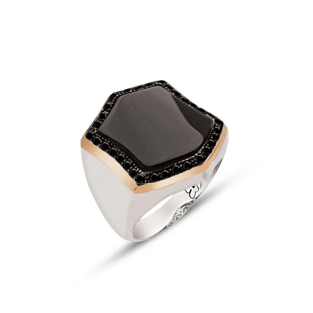 Silver Special Cut Onyx Stone Zircon Engraved Men's Ring