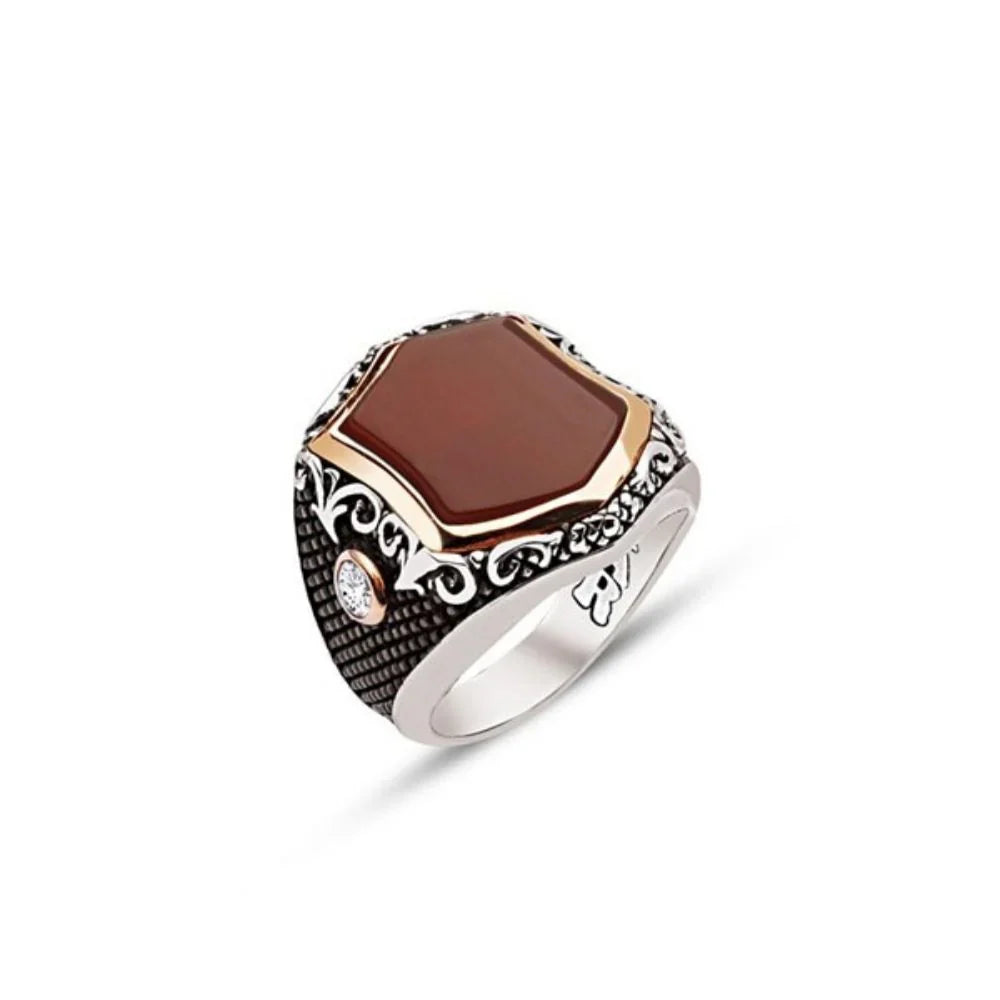 Silver Special Cut Red Stone Sides Single Stone Men's Men's Ring