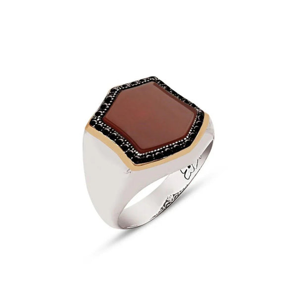 Silver Special Cut Red Stone Zircon Engraved Men's Ring