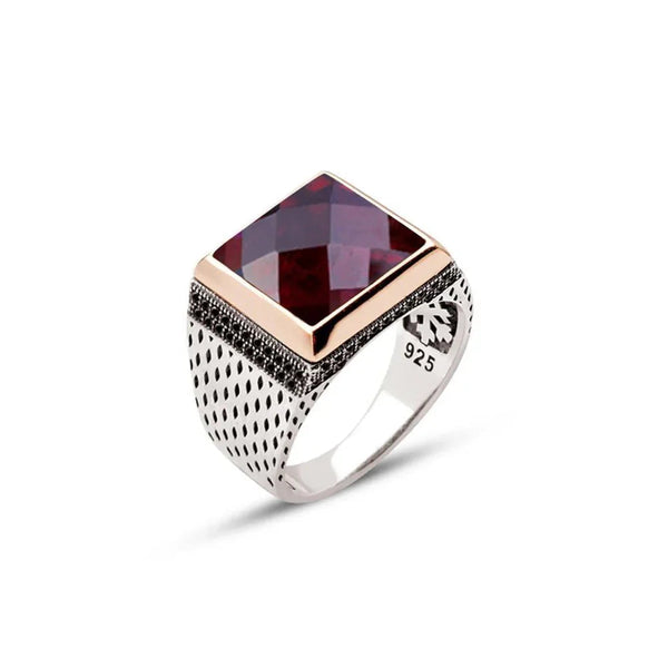 Silver Square Model Men's Ring With Amatist Facet Stones And Zircon Embellishments