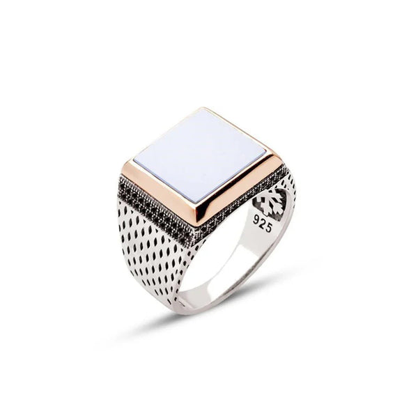 Silver Square Model Men's Ring With Mother Of Pearl Stone And Zircon Ornament