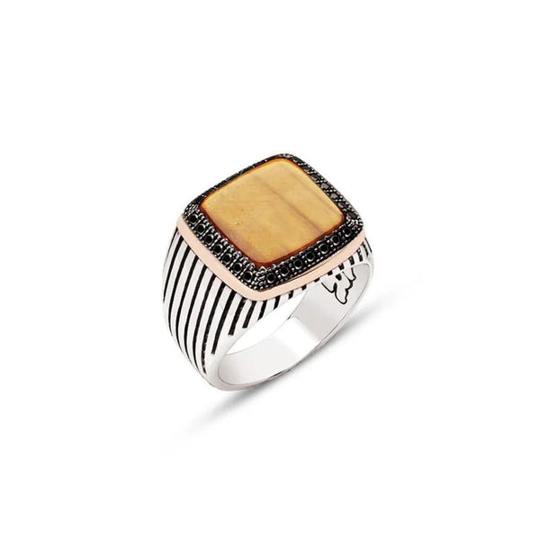 Silver Tiger Eye Stone Side Black Zircon Stone Ornament Striped Case Men's Ring