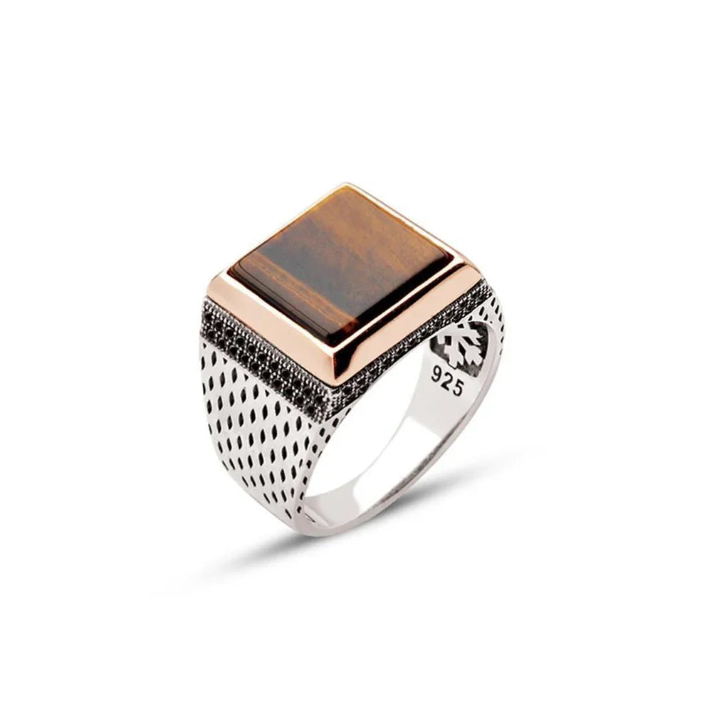 Silver Tiger Eye Stone Square Model Men's Ring With Zircon Embellishment