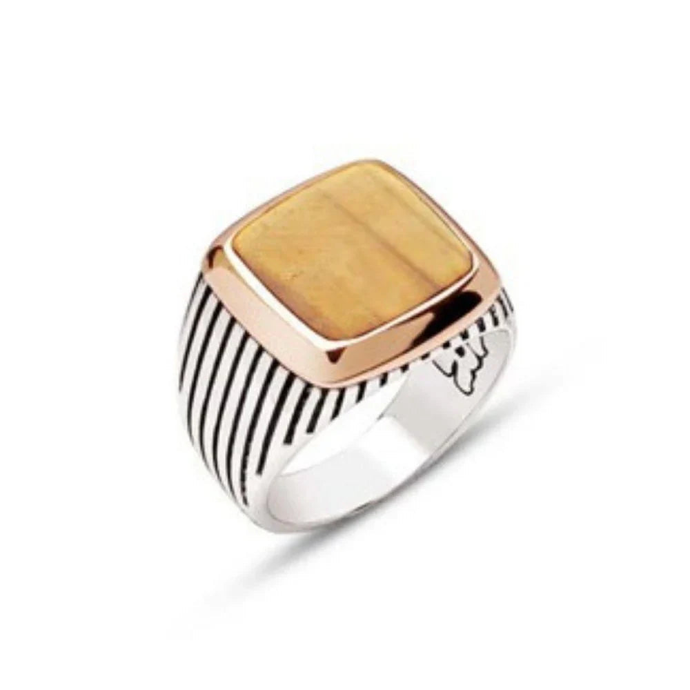 Silver Tiger Eye Stone Striped Case Men's Ring