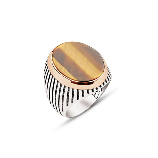 Silver Tiger Eye Stone Striped Case Men's Ring