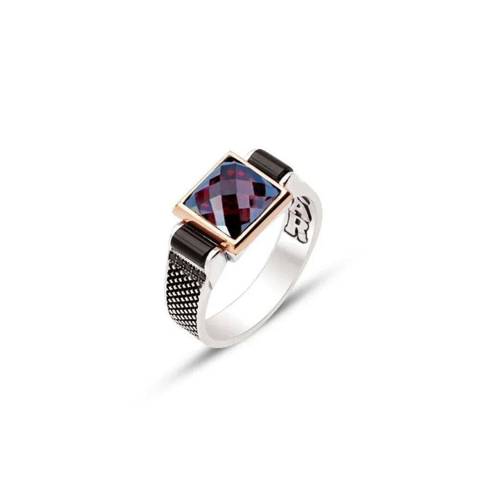 Silver Top And Side Black Zircon Stone Single Stone Detailed Men's Ring