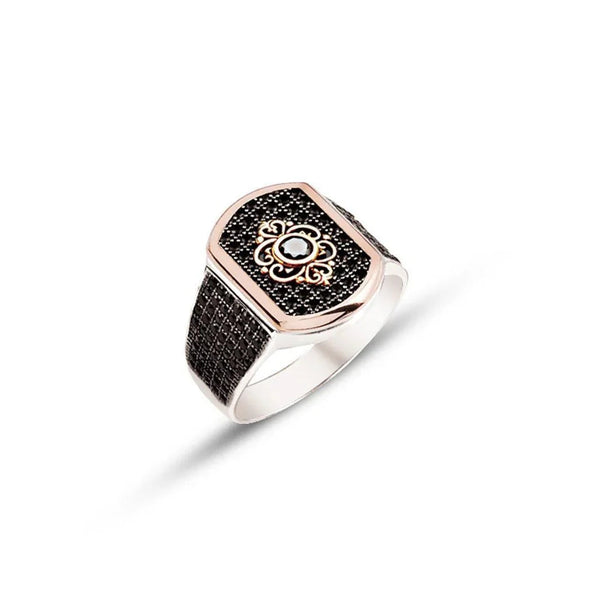 Silver Top And Side Black Zircon Stone Single Stone Motive Men's Ring