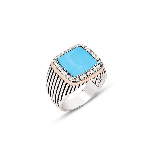 Silver Turquoise Stone Side Black Zircon Stone Ornament Striped Case Men's Ring