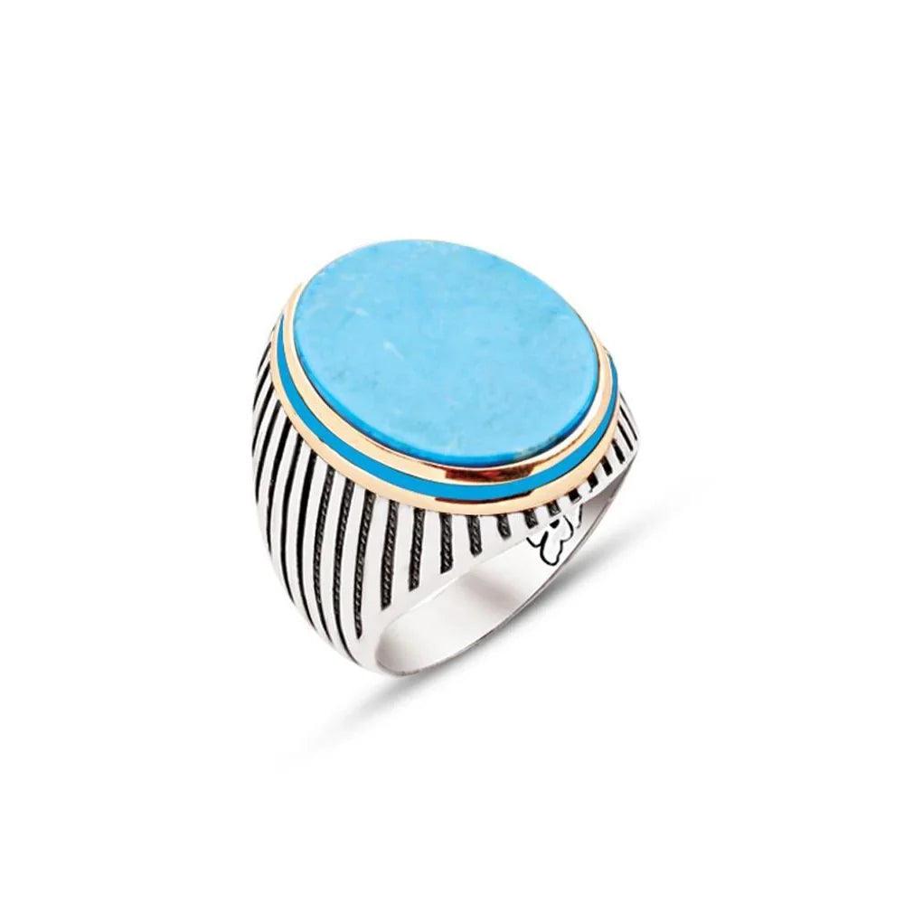 Silver Turquoise Stone Side Enamel Decorated Striped Case Men's Ring