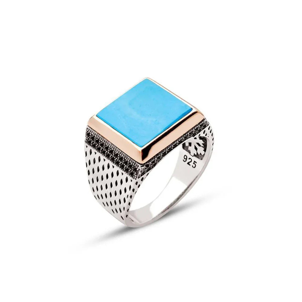 Silver Turquoise Stone Side Zircon Embellished Square Model Men's Ring