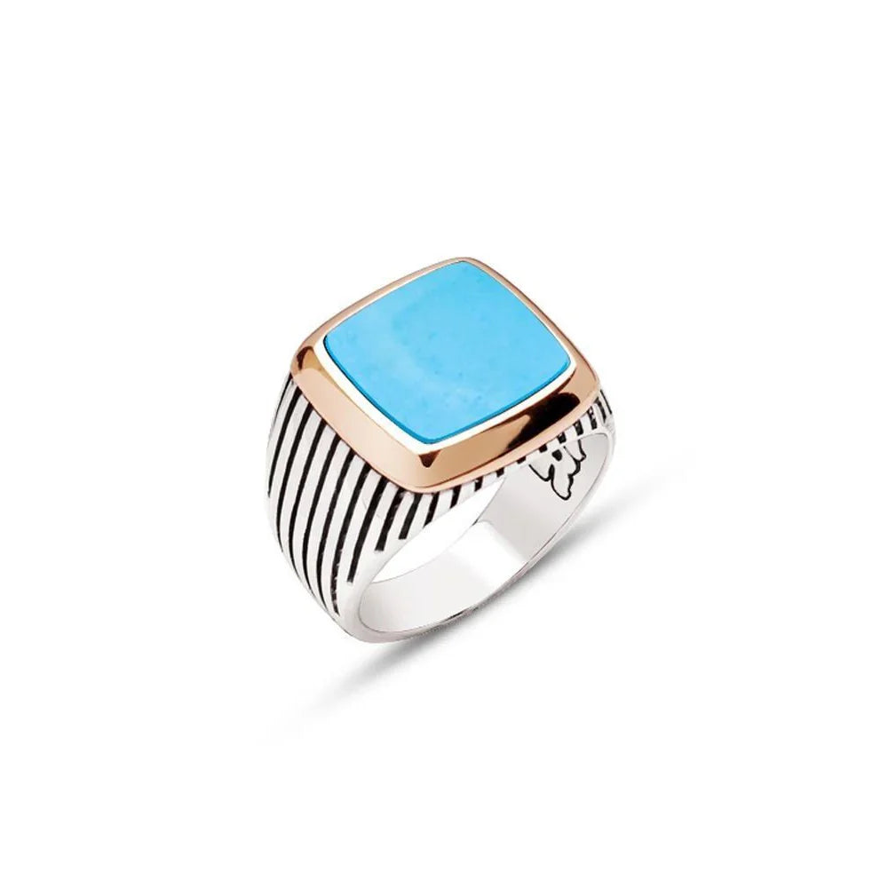 Silver Turquoise Stone Striped Case Men's Ring