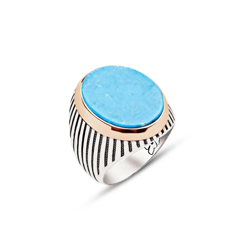 Silver Turquoise Stone Striped Case Men's Ring