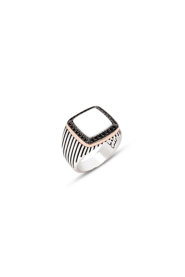 Silver White Onyx Stone Side Black Zircon Stone Ornament Striped Case Men's Ring