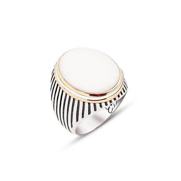 Silver White Onyx Stone Side Enamel Decorated Striped Case Men's Ring