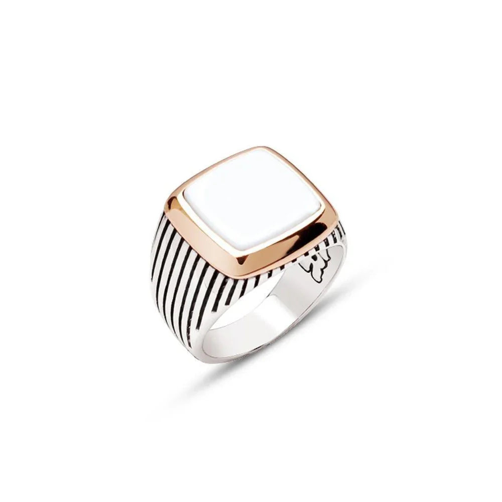 Silver White Onyx Stone Striped Case Men's Ring