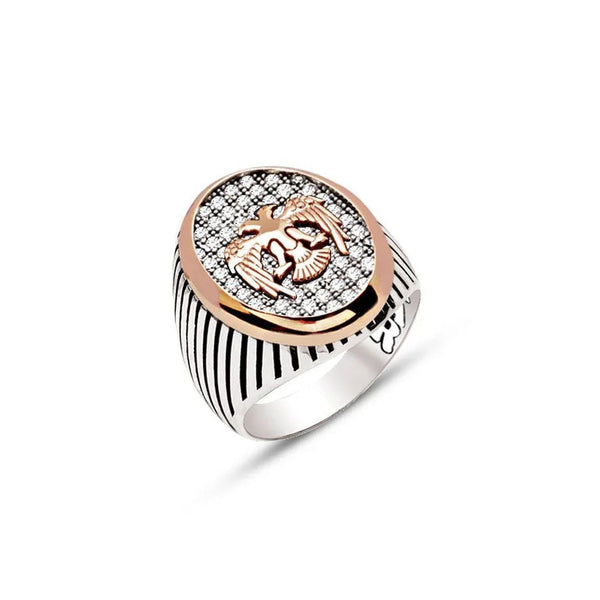 Silver White Zircon Stone Seljuk Eagle Striped Case Men's Ring