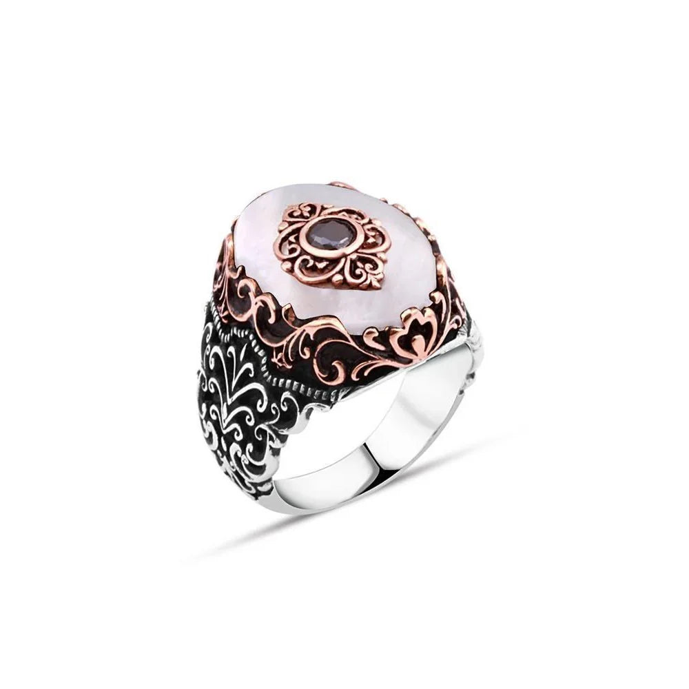 Single Stone Men's Ring On Mother Of Pearl Stone