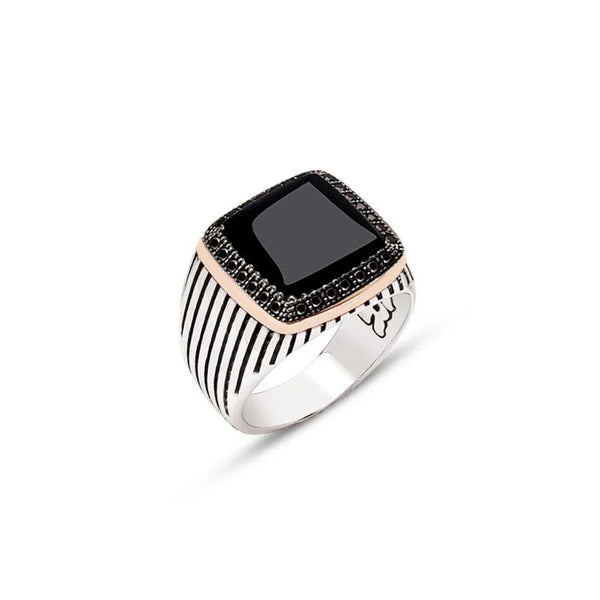 Sterling Silver Onyx Stone Striped Case Men's Ring