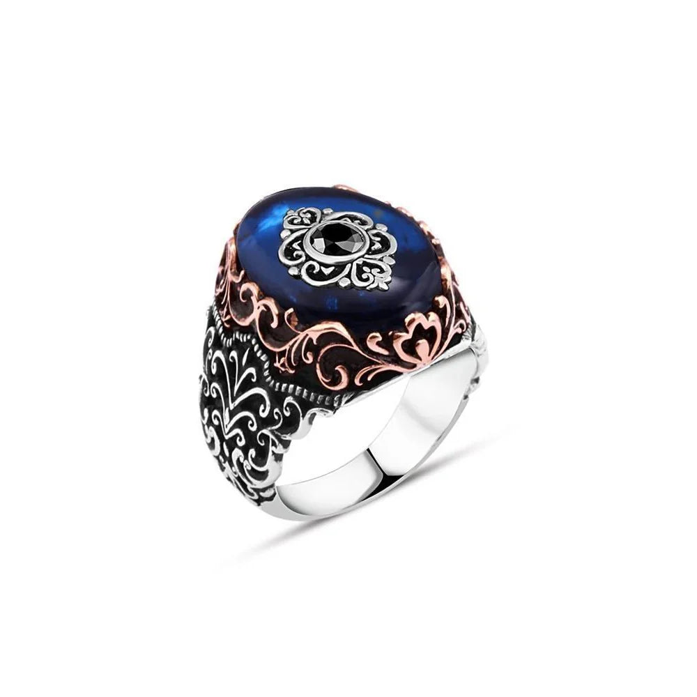 Synthetic Blue Amber Single Stone Men's Ring