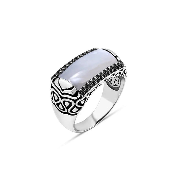 Tiny Black Zircon Stone Men's Ring With Mother Of Pearl Stone