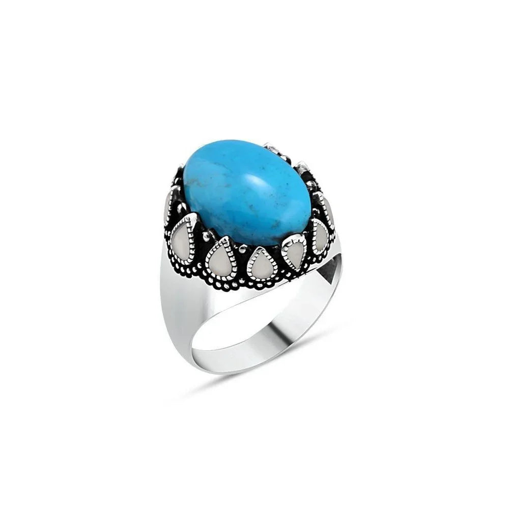 Turquoise Hood Stone Sides White Enamel Men's Ring