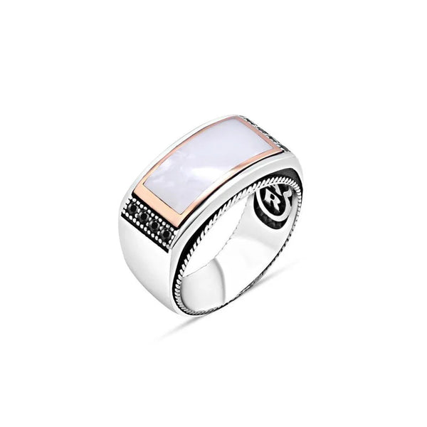 White Enamel Edged Tiny Black Zircon Stone Men's Ring