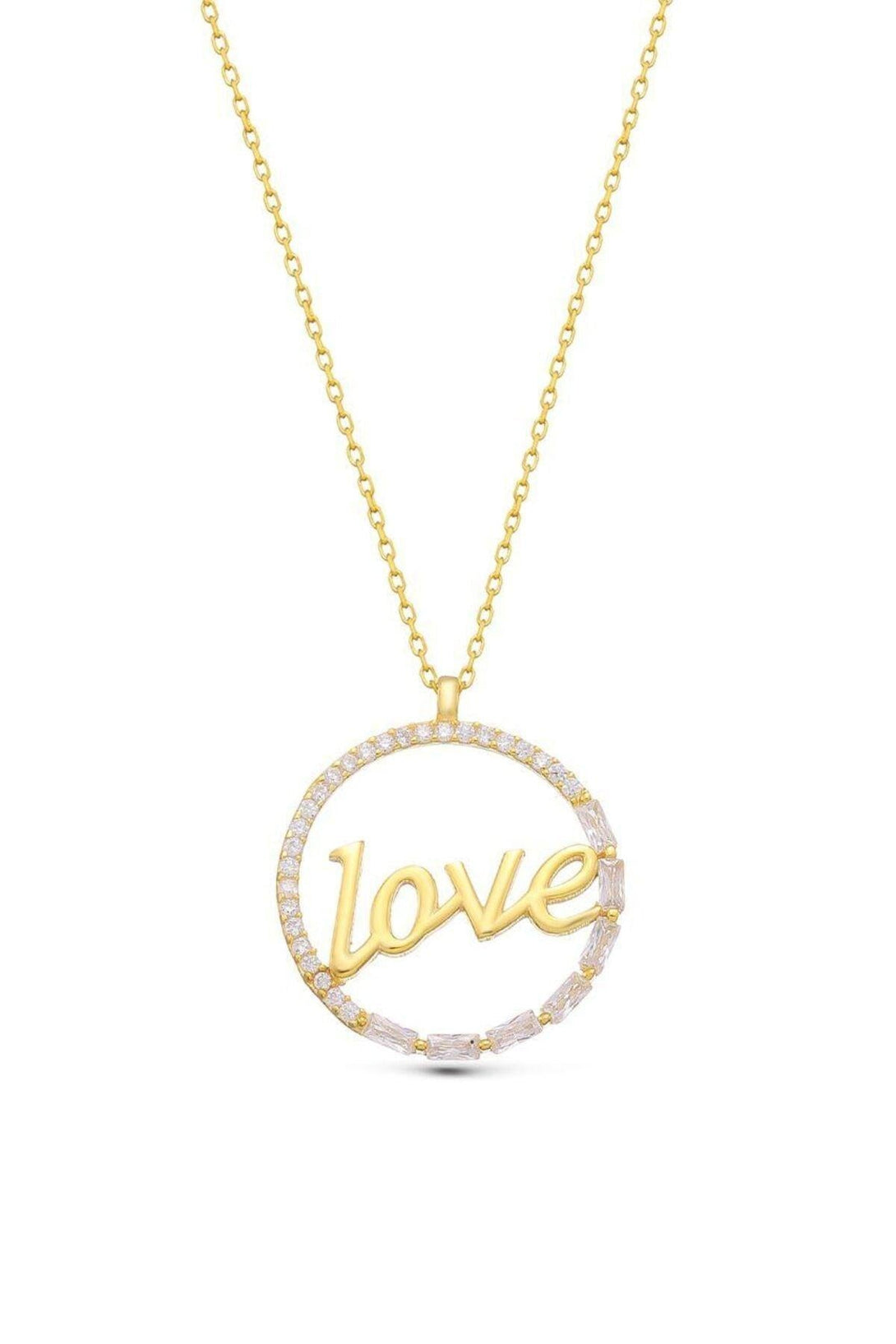 Zircon Stone 925 Sterling Silver Love Written Necklace Gold