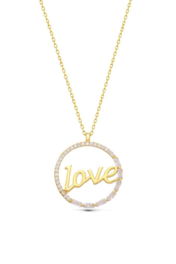 Zircon Stone 925 Sterling Silver Love Written Necklace Gold