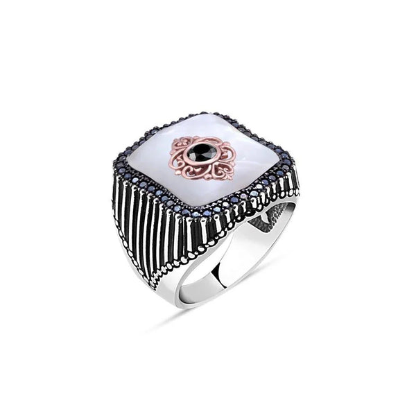 Zircon Stone Motive With Mother Of Pearl In The Middle And Tiny Black Zircon Stone On The Edge Men's Ring